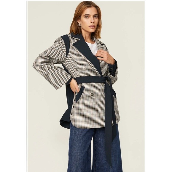 Veronica Beard Jackets & Blazers - Veronica Beard Plaid Mixed Media Belted Jacket Navy Large Double Breasted